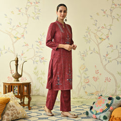 Maroon Embroidered Woollen Kurta