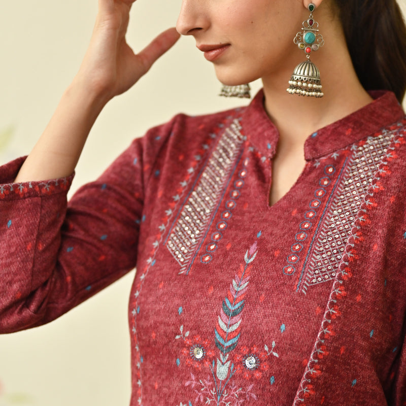 Maroon Embroidered Woollen Kurta