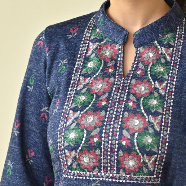 Navy Blue Embroidered & Floral Printed Woollen Kurta