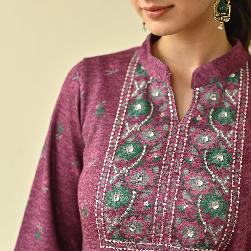 Maroon Embroidered & Floral Printed Woollen Kurta Pant Set