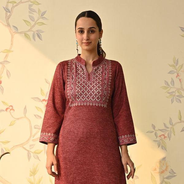 Maroon Embroidered & Monotone Woollen Kurta