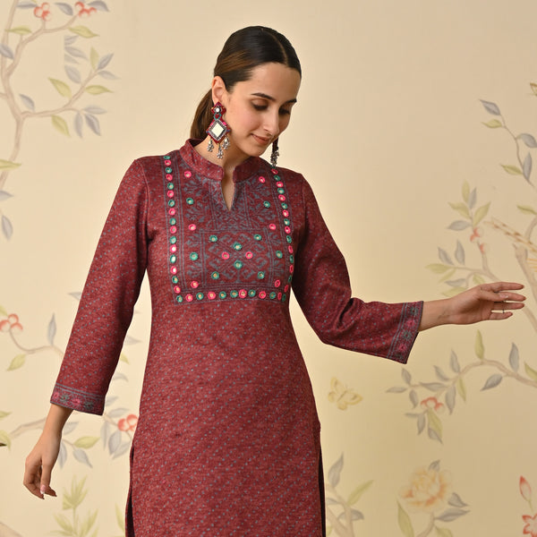 Maroon Kutch Embroidered Woollen Kurta Pant Set