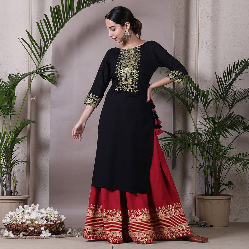 Black Gold Printed Kurta with Maroon Skirt & Tassels