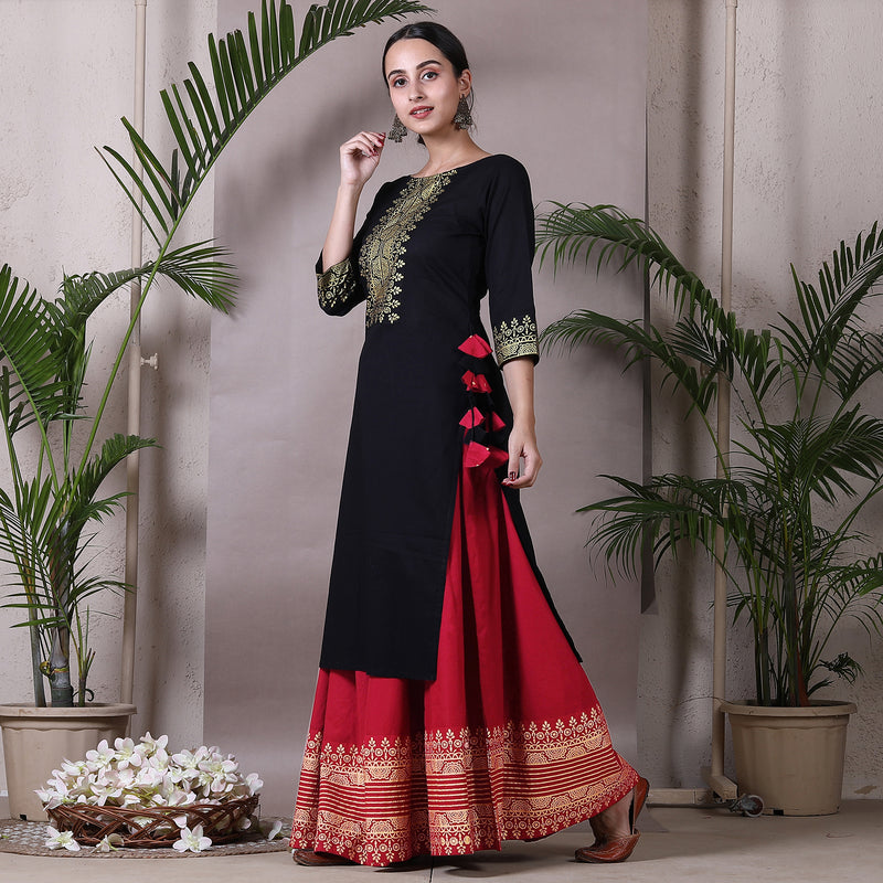 Black Gold Printed Kurta with Maroon Skirt & Tassels