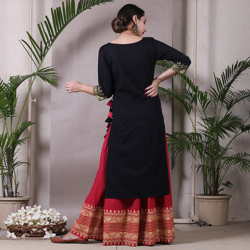 Black Gold Printed Kurta with Maroon Skirt & Tassels