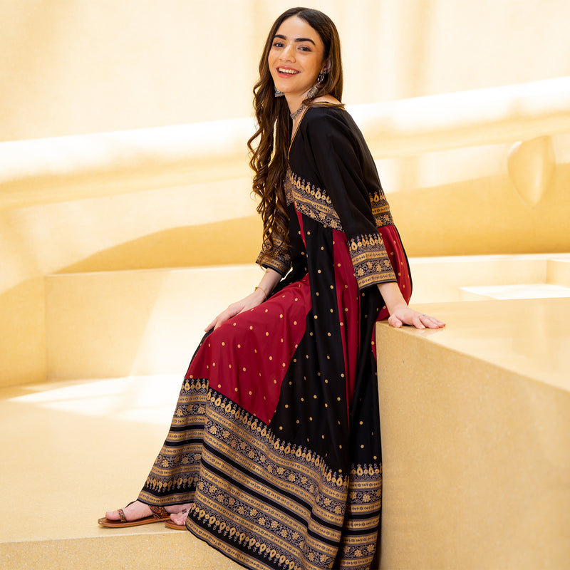 Black & Maroon Long Kalidaar Dress with Border Details