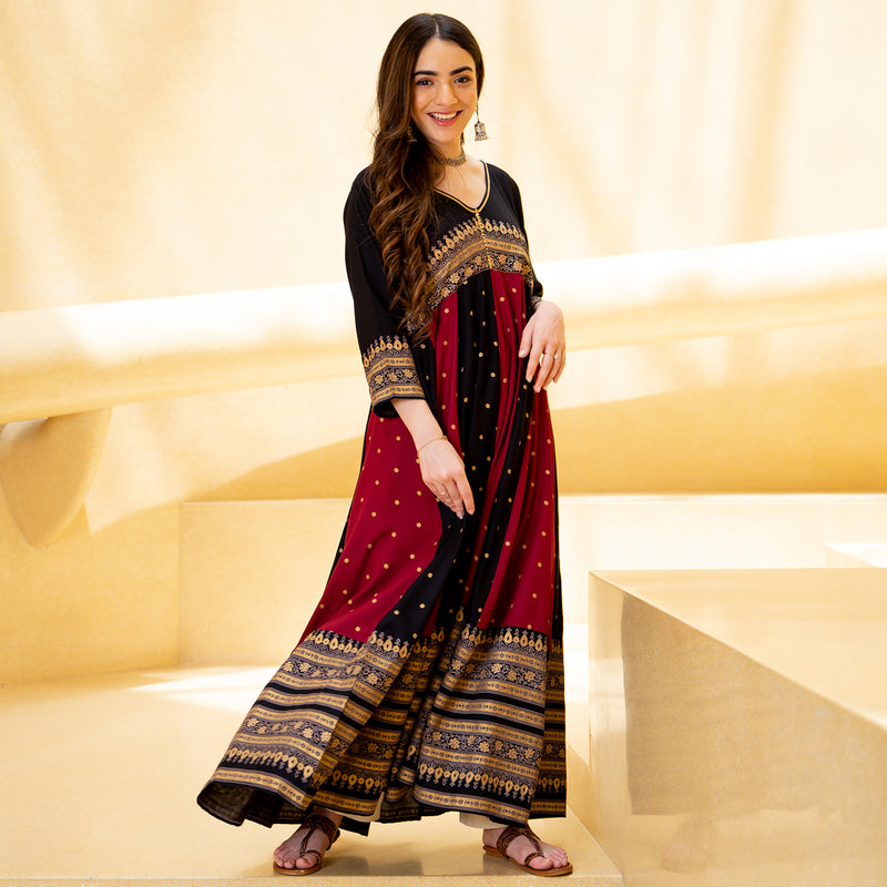 Black & Maroon Long Kalidaar Dress with Border Details