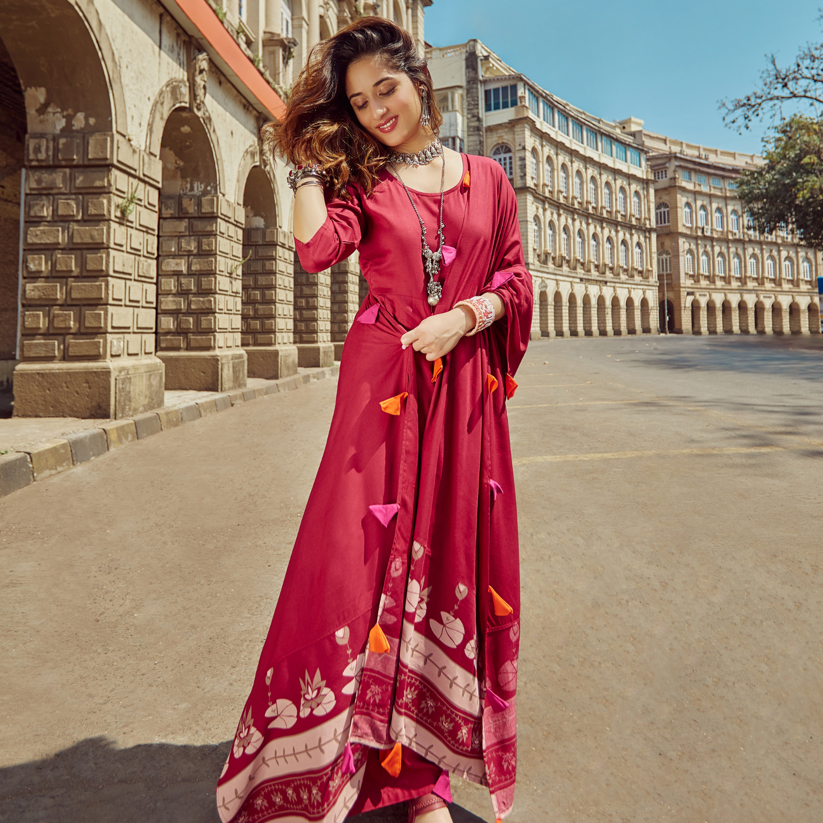 Maroon Pink Floral Flared Kurta