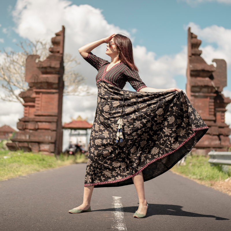 Black Bandhani Inspired Floral Dress