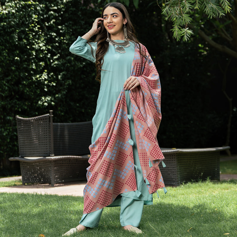 Sky Blue Kurta Pant Set with Baby Pink Bandhani Dupatta