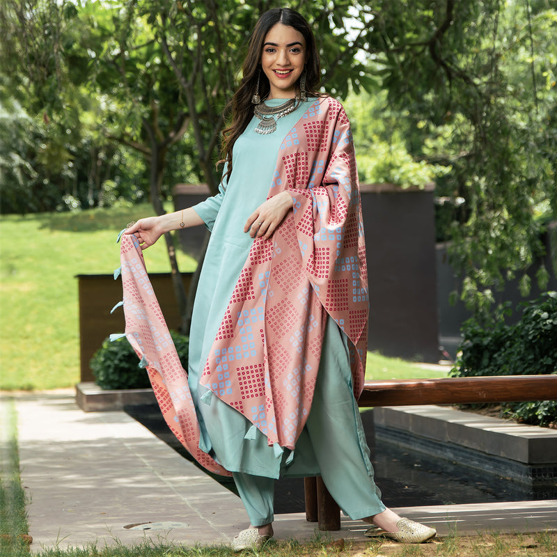 Sky Blue Kurta Pant Set with Baby Pink Bandhani Dupatta