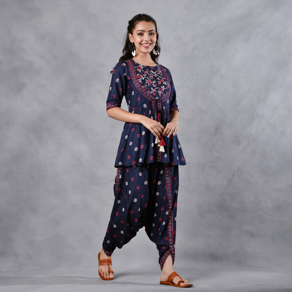 Deep Blue Gathered Top Dhoti Set with Yoke & Tassel Details