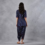 Deep Blue Gathered Top Dhoti Set with Yoke & Tassel Details