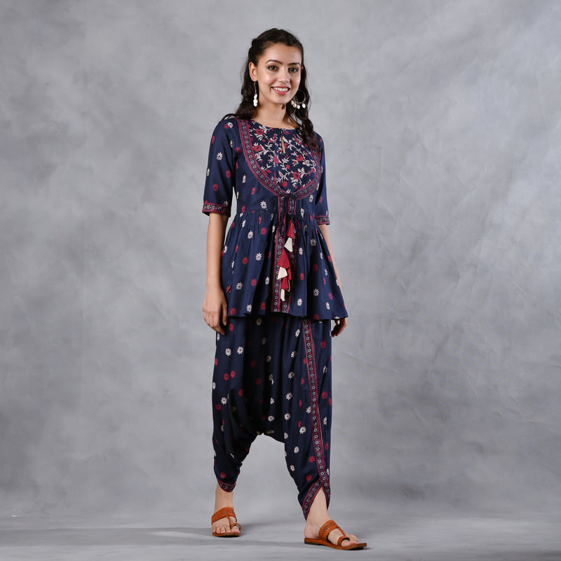 Deep Blue Gathered Top Dhoti Set with Yoke & Tassel Details