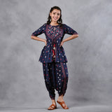 Deep Blue Gathered Top Dhoti Set with Yoke & Tassel Details