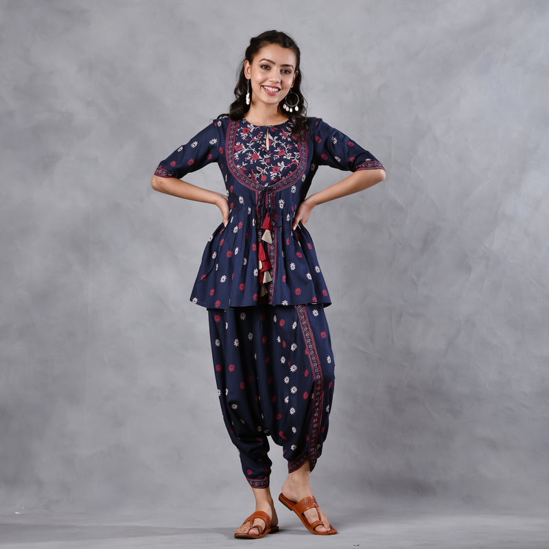 Deep Blue Gathered Top Dhoti Set with Yoke Tassel Details
