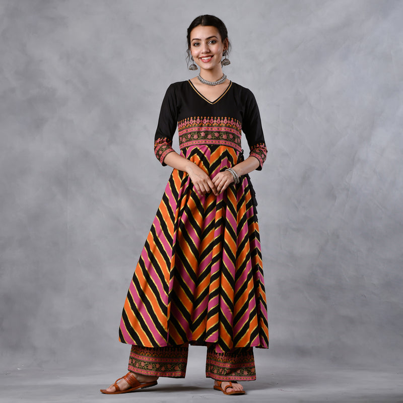 Black Multicoloured Striped Flared Kurta Pant Dupatta Set