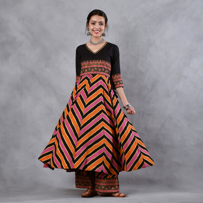 Black Multicoloured Striped Flared Kurta Pant Dupatta Set