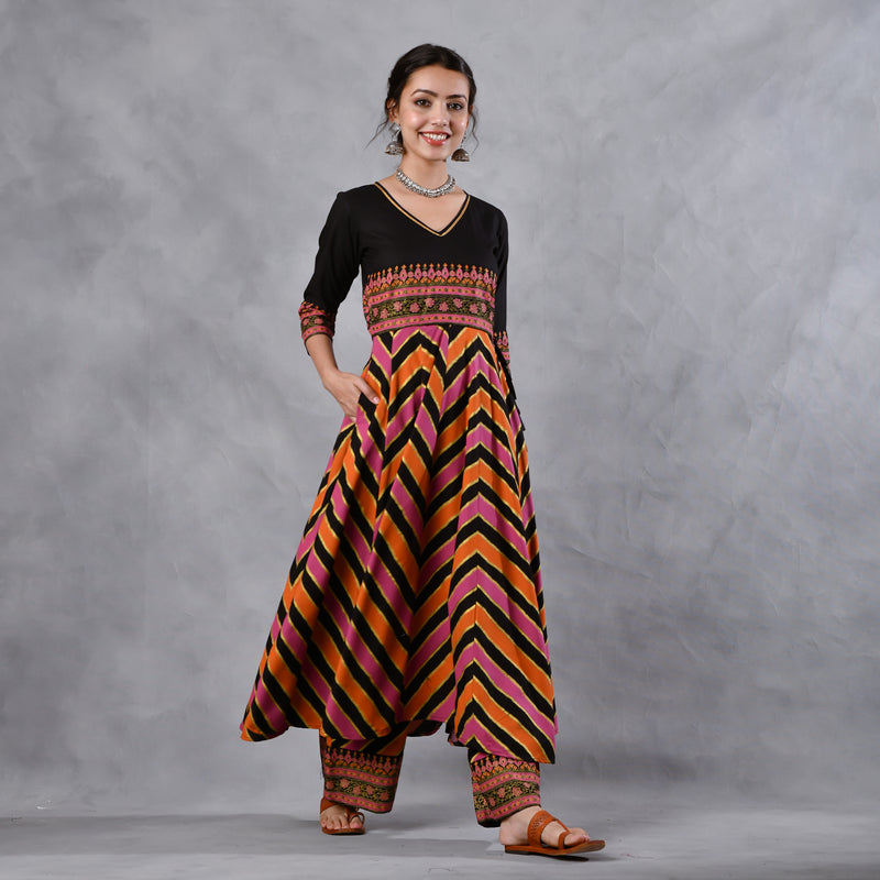 Black Multicoloured Striped Flared Kurta Pant Dupatta Set