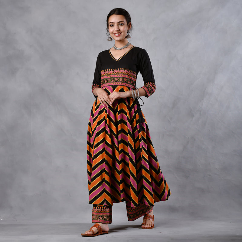 Black Multicoloured Striped Flared Kurta Pant Dupatta Set