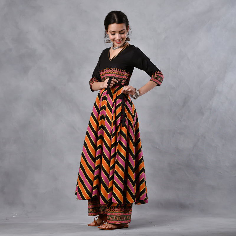 Black Multicoloured Striped Flared Kurta Pant Dupatta Set