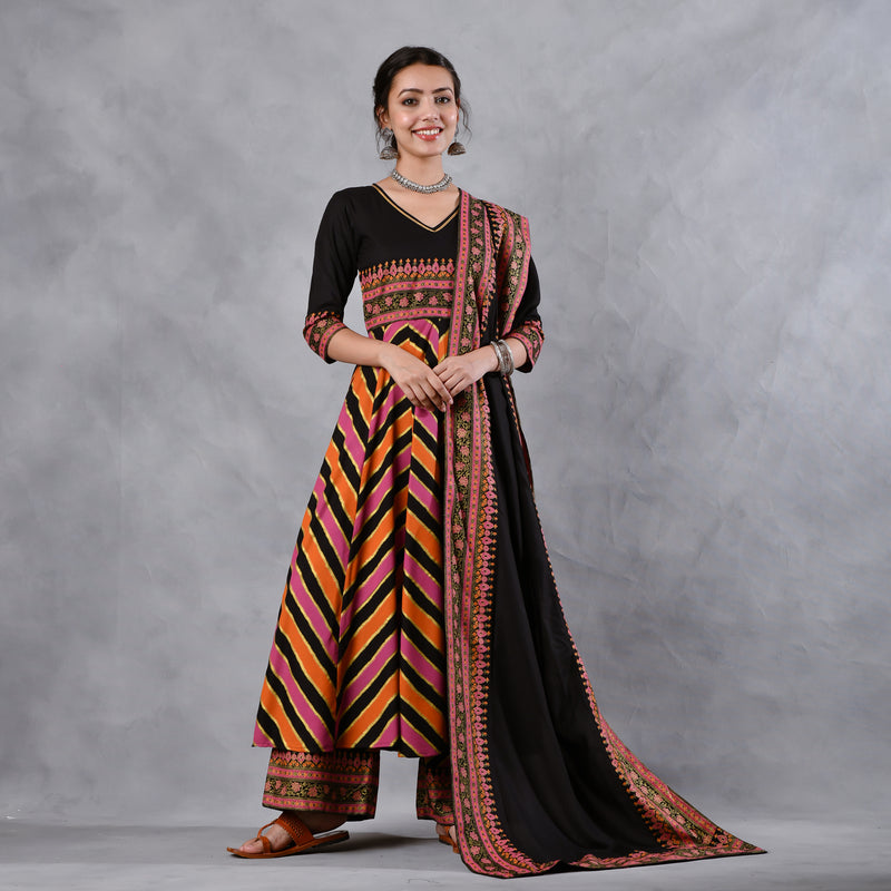 Black Multicoloured Striped Flared Kurta Pant Dupatta Set