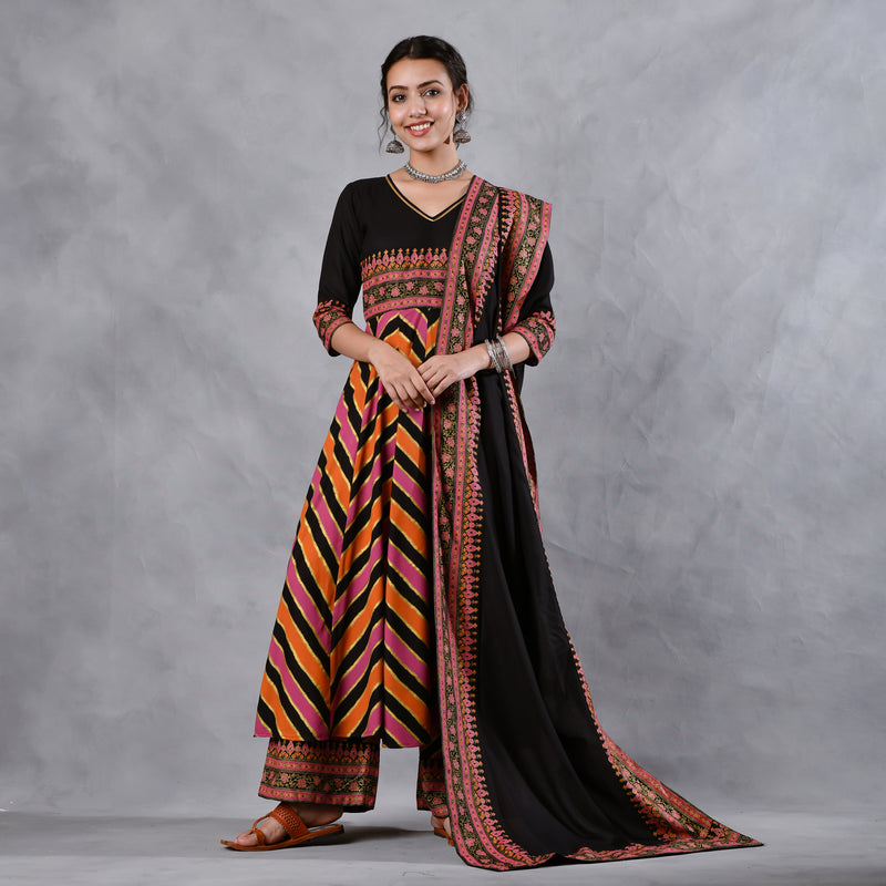 Black Multicoloured Striped Flared Kurta Pant Dupatta Set