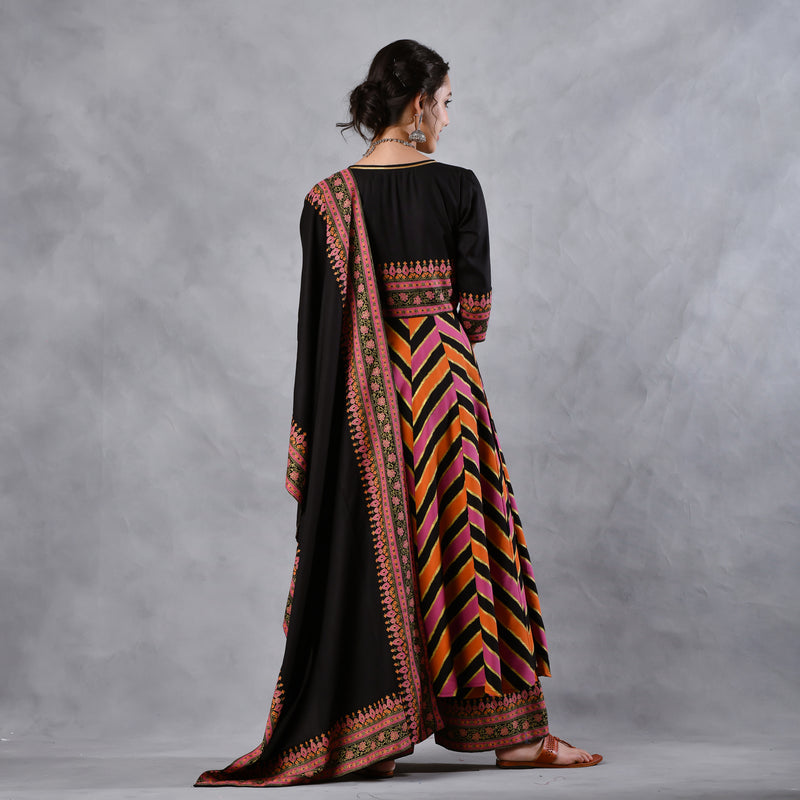 Black Multicoloured Striped Flared Kurta Pant Dupatta Set