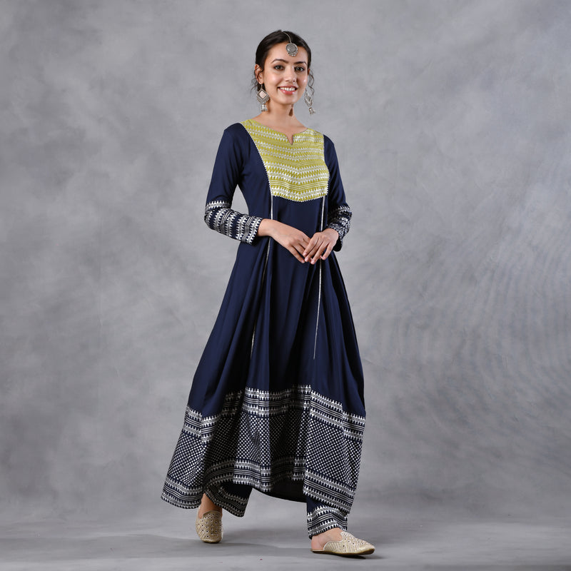 Blue & Olive Silver Printed Flared Kurta Dupatta Set with Gota Details