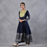 Blue & Olive Silver Printed Flared Kurta Dupatta Set with Gota Details