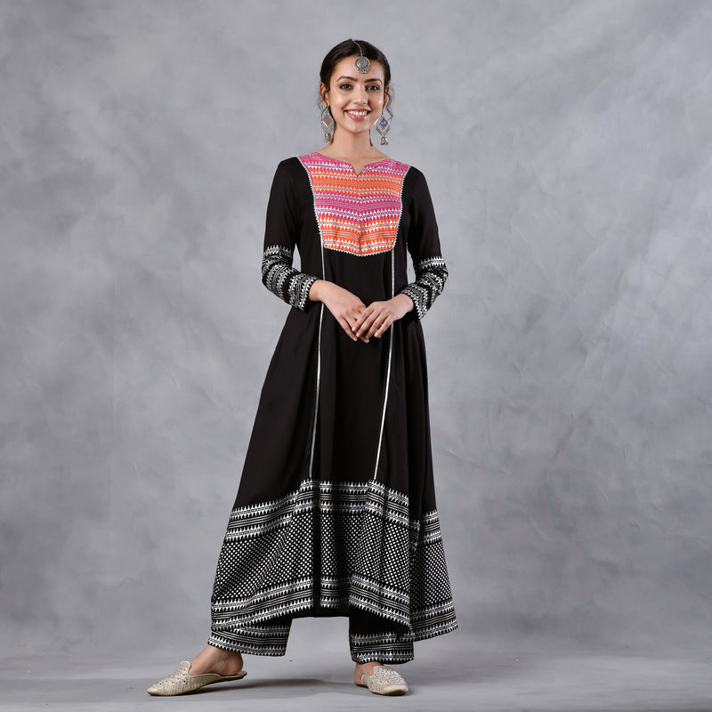 Black & Pink Silver Printed Flared Kurta Dupatta Set with Gota Details