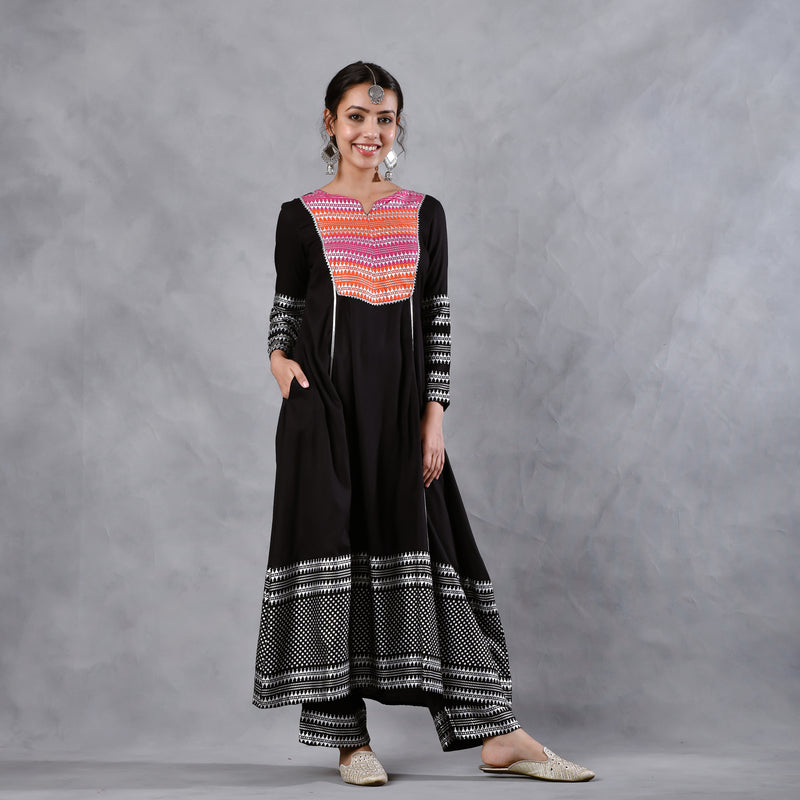 Black & Pink Silver Printed Flared Kurta Dupatta Set with Gota Details