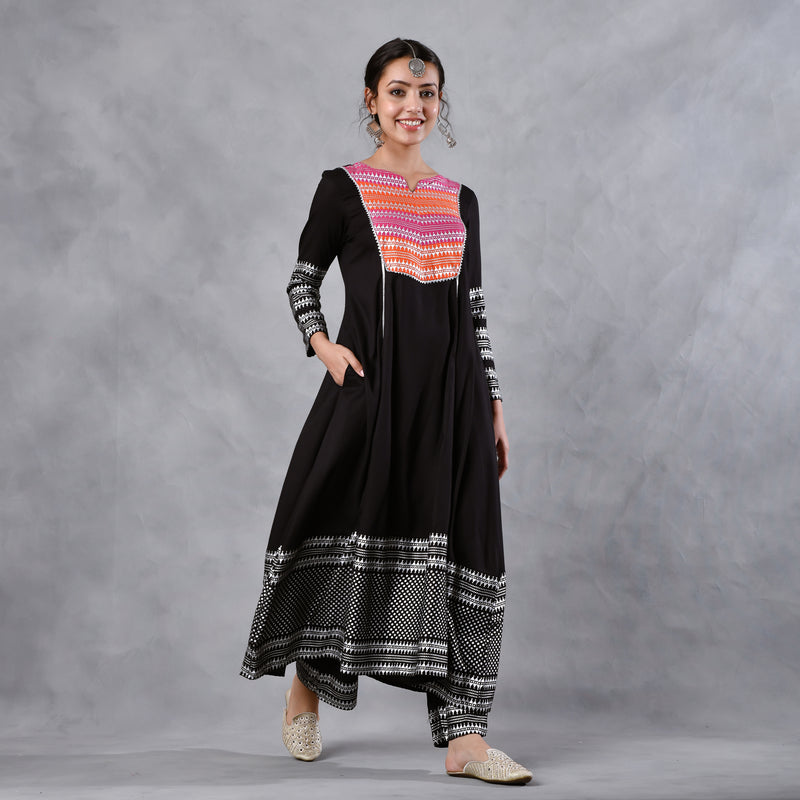 Black & Pink Silver Printed Flared Kurta Dupatta Set with Gota Details