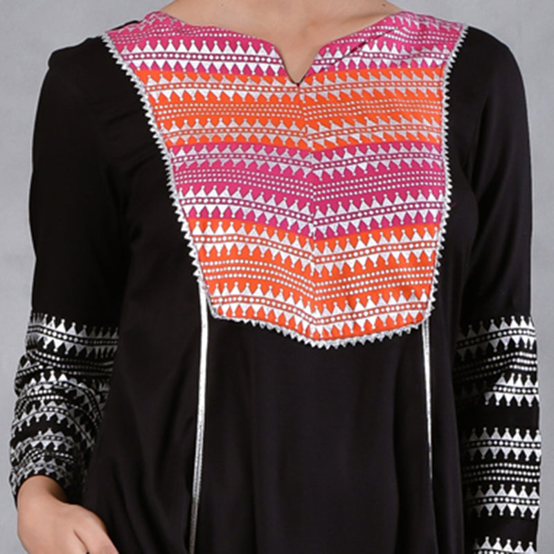 Black & Pink Silver Printed Flared Kurta Dupatta Set with Gota Details