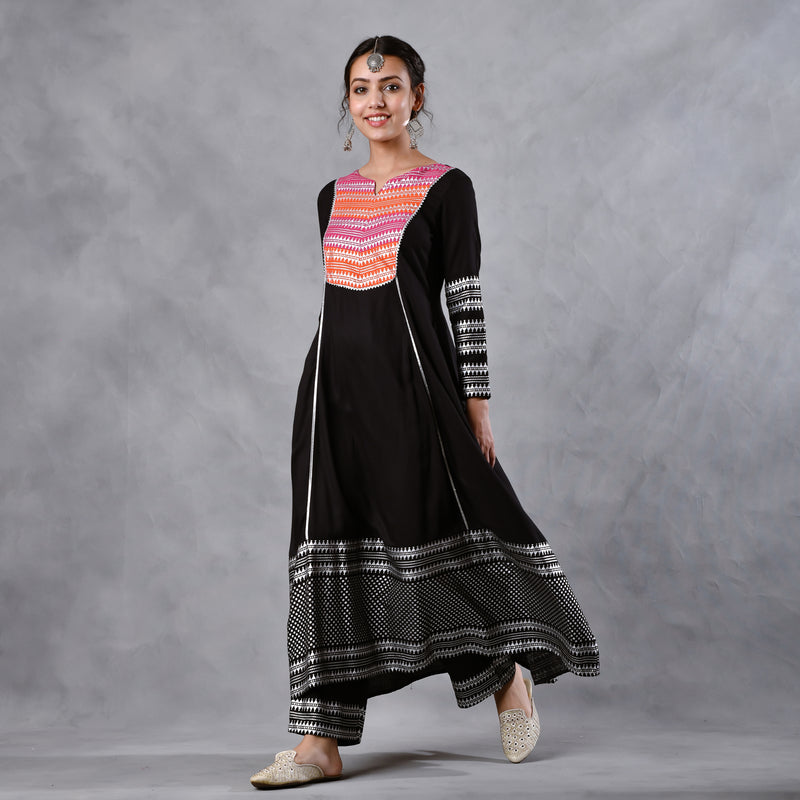 Black & Pink Silver Printed Flared Kurta Dupatta Set with Gota Details