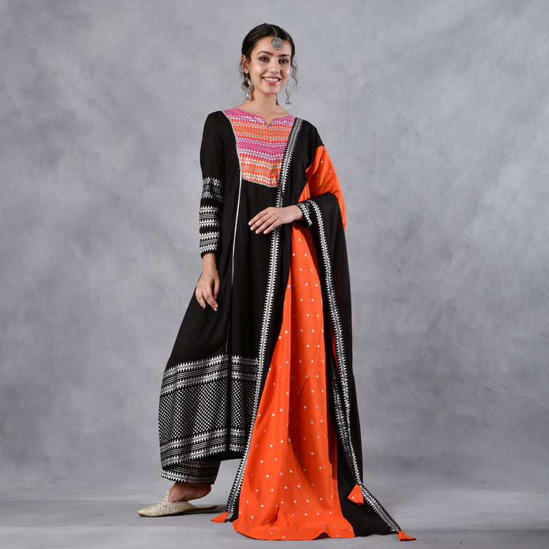 Black & Pink Silver Printed Flared Kurta Dupatta Set with Gota Details