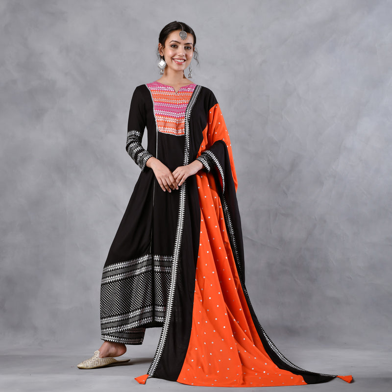 Black & Pink Silver Printed Flared Kurta Dupatta Set with Gota Details