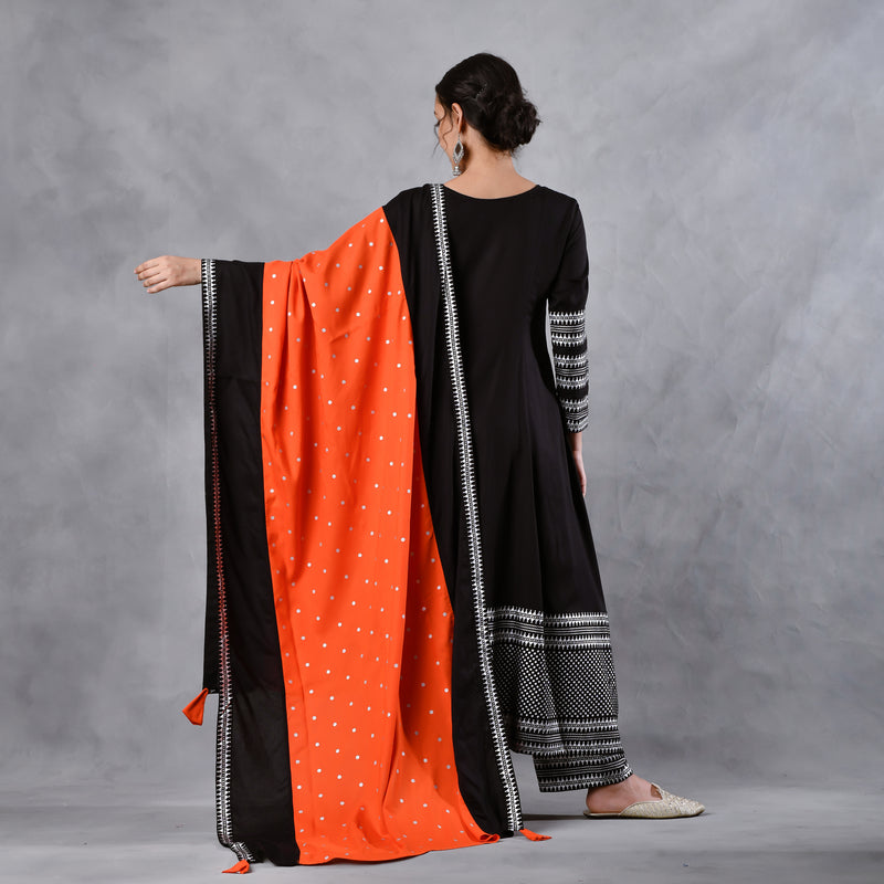 Black & Pink Silver Printed Flared Kurta Dupatta Set with Gota Details