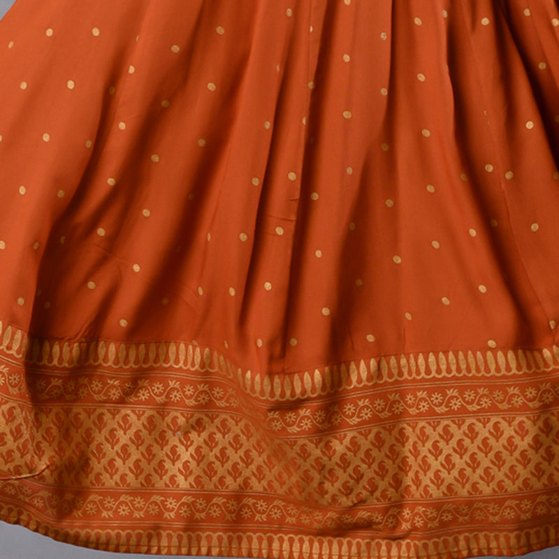 Rust Gold Printed Flared Dress with Dupatta & Gota Details