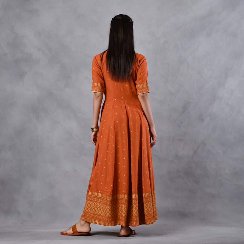 Rust Gold Printed Flared Dress with Dupatta & Gota Details