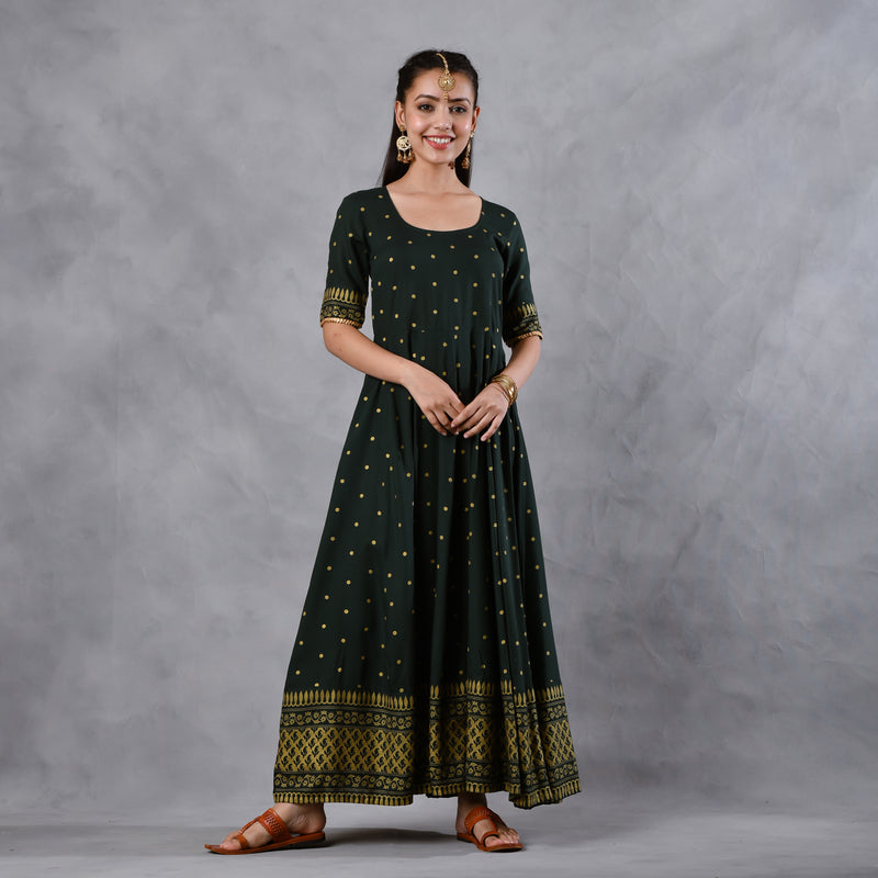 Emerald Green Gold Printed Flared Dress with Dupatta & Gota Details