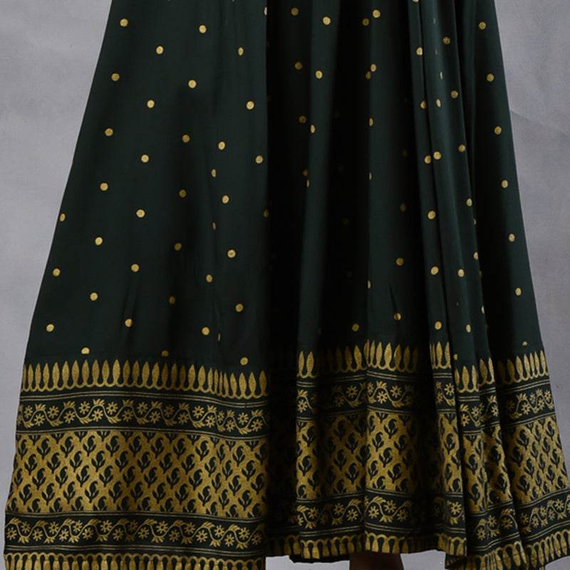 Emerald Green Gold Printed Flared Dress with Dupatta & Gota Details