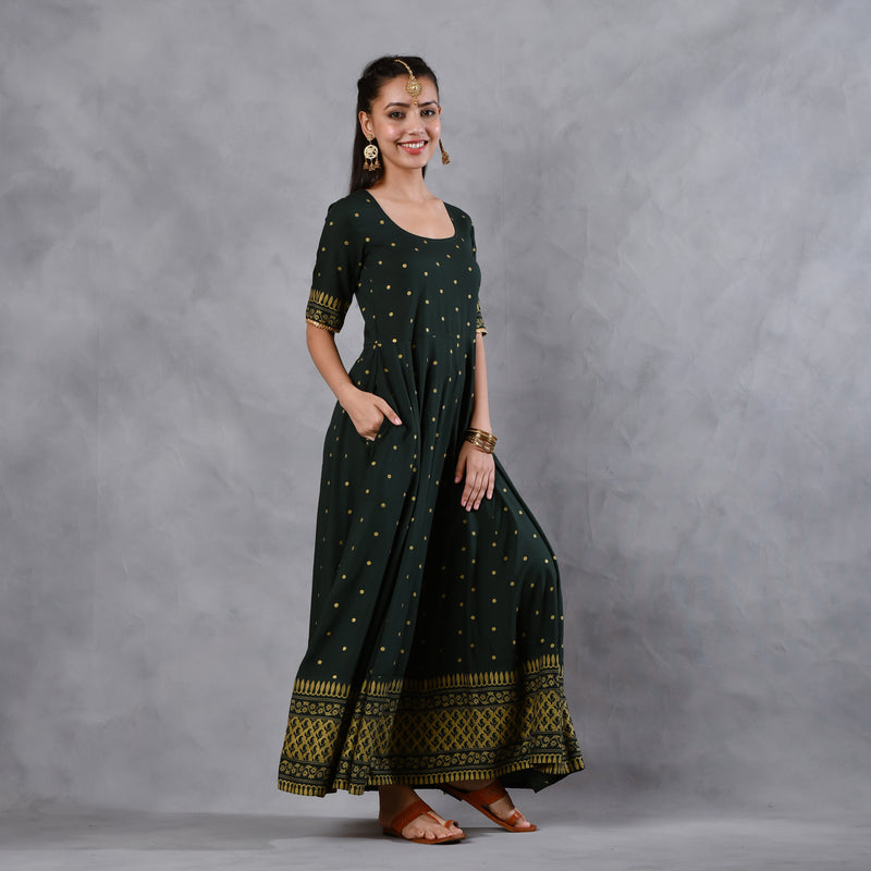 Emerald Green Gold Printed Flared Dress with Dupatta & Gota Details