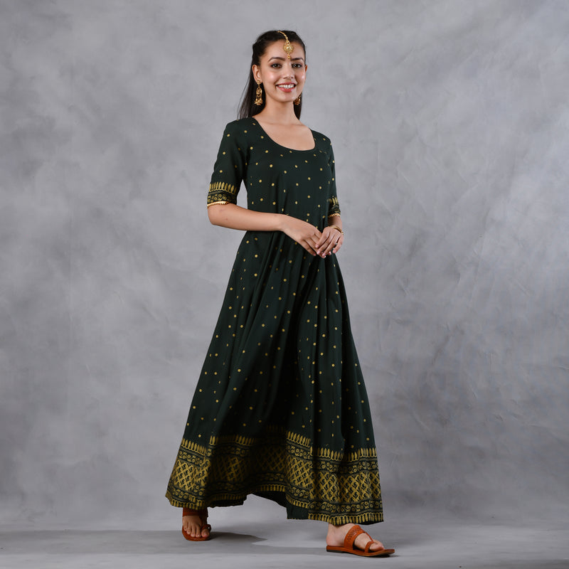 Emerald Green Gold Printed Flared Dress with Dupatta & Gota Details