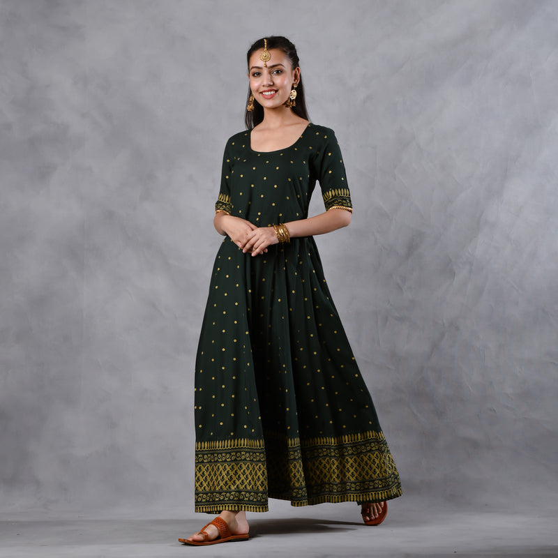 Emerald Green Gold Printed Flared Dress with Dupatta & Gota Details