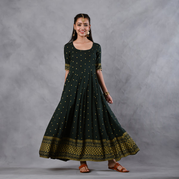 Emerald Green Gold Printed Flared Dress with Dupatta & Gota Details