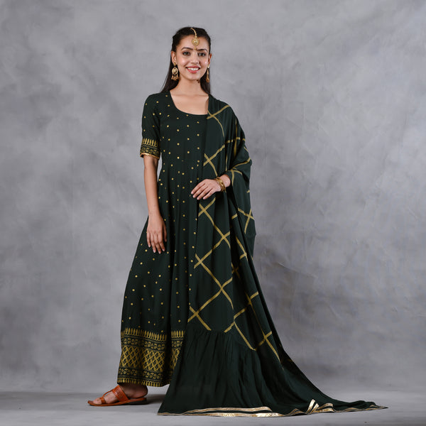 Emerald Green Gold Printed Flared Dress with Dupatta & Gota Details