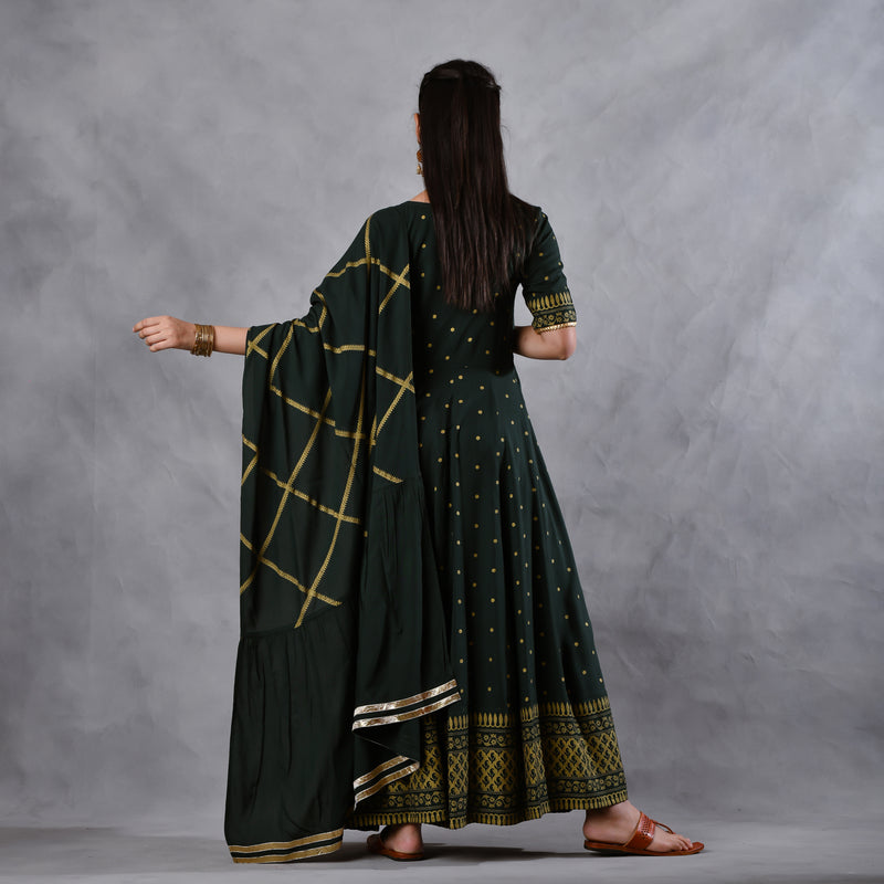 Emerald Green Gold Printed Flared Dress with Dupatta & Gota Details