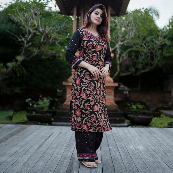 Black Floral Kurta and Pants Set