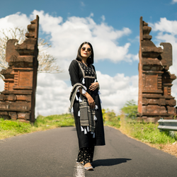 Black Front Gathered Kurta Pant and Dupatta Set with Tassels